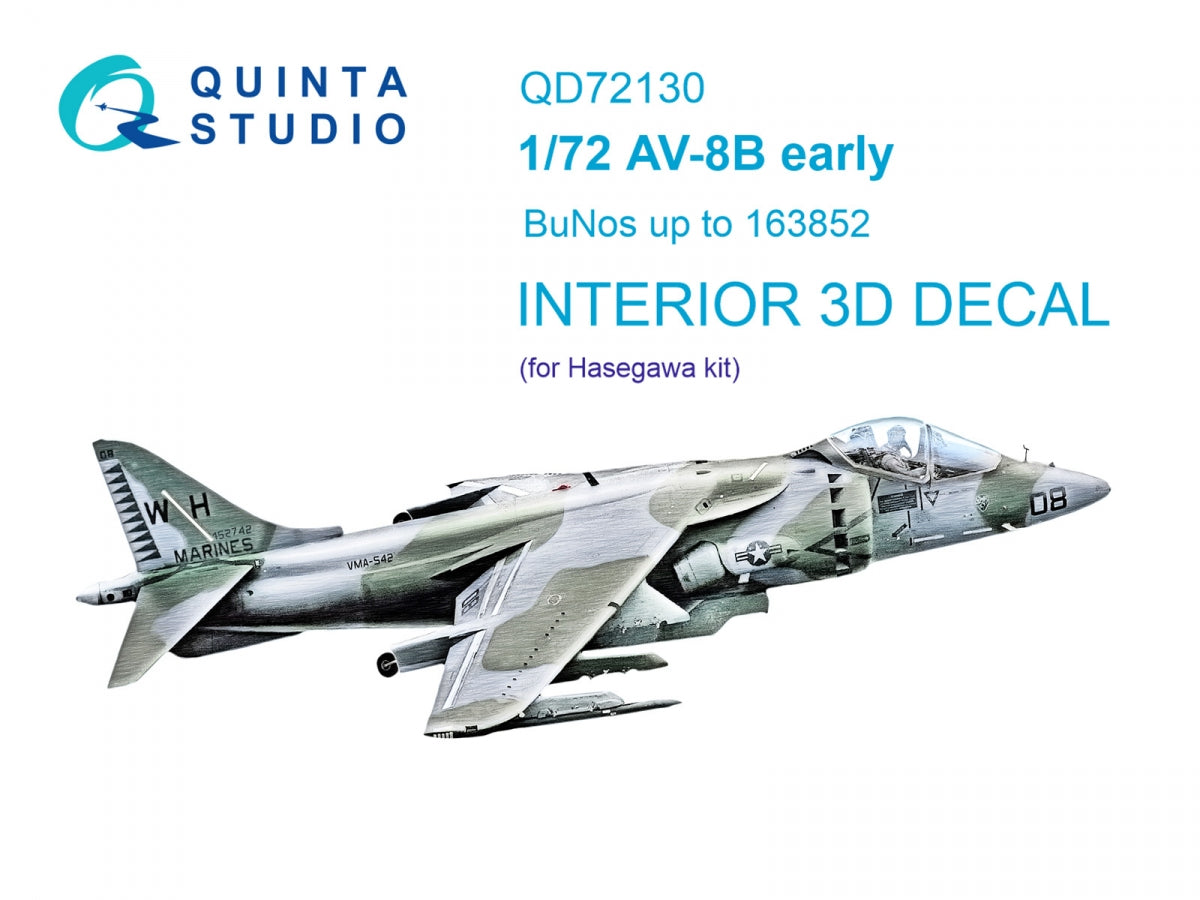 Quinta Studio QD72130 AV-8B early 3D-Printed colored Interior on decal paper (Hasegawa) 1/72