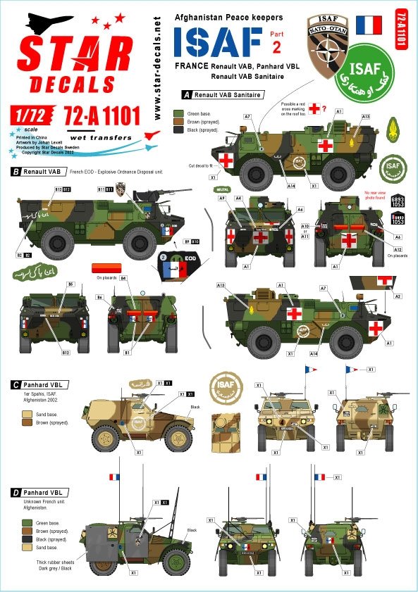 Star Decals 72-A1101 ISAF-Afghanistan #2. Peacekeepers from France. Renault VAB, VAB Sanitaire, Panhard VBL. 1/72