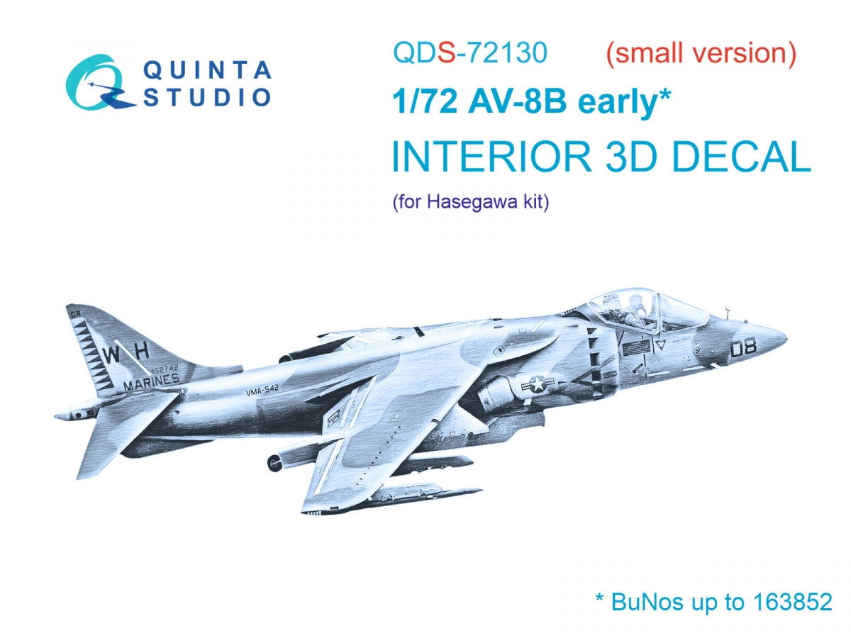 Quinta Studio QDS-72130 AV-8B early 3D-Printed colored Interior on decal paper (Hasegawa) (small version) 1/72