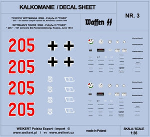 Weikert Decals DEC203 TIGER I - tank 205 - 101st SS Heavy Tank Battalion, Normandy, June 1944 - vol.3 1/35