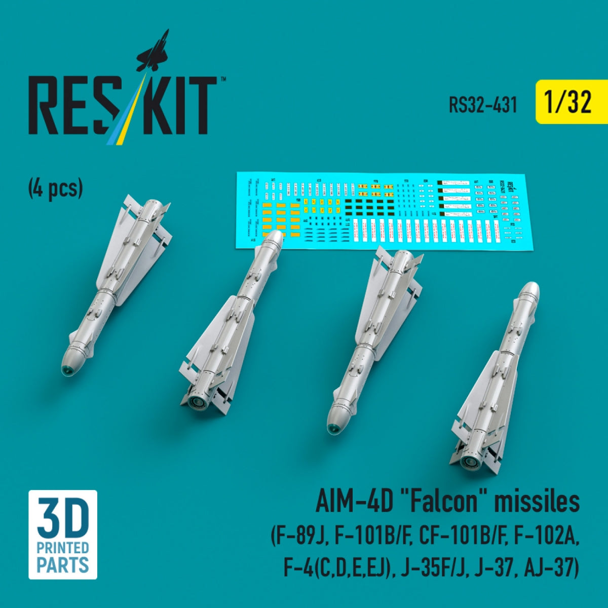 RESKIT RS32-0431 AIM-4D &amp;quot;Falcon&amp;quot; missiles (4 pcs) (3D Printed) 1/32 – zdjęcie 2