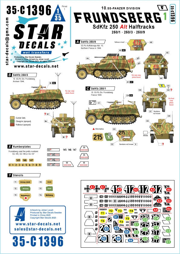 Star Decals 35-C1396 Frundsberg # 1. 10. SS-Panzer Division. SdKfz 250 &amp;#39;ALT&amp;#39; versions. SdKfz 250/1, SdKfz 250/3, SdKfz 250/9 1/35