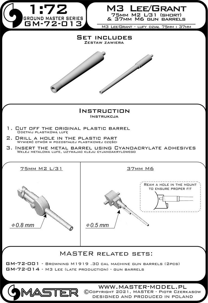 Master GM-72-013 M3 Lee/Grant - weapon barrels - 75mm M2 L/31 (short) and 37mm M6 1/72 – image 3