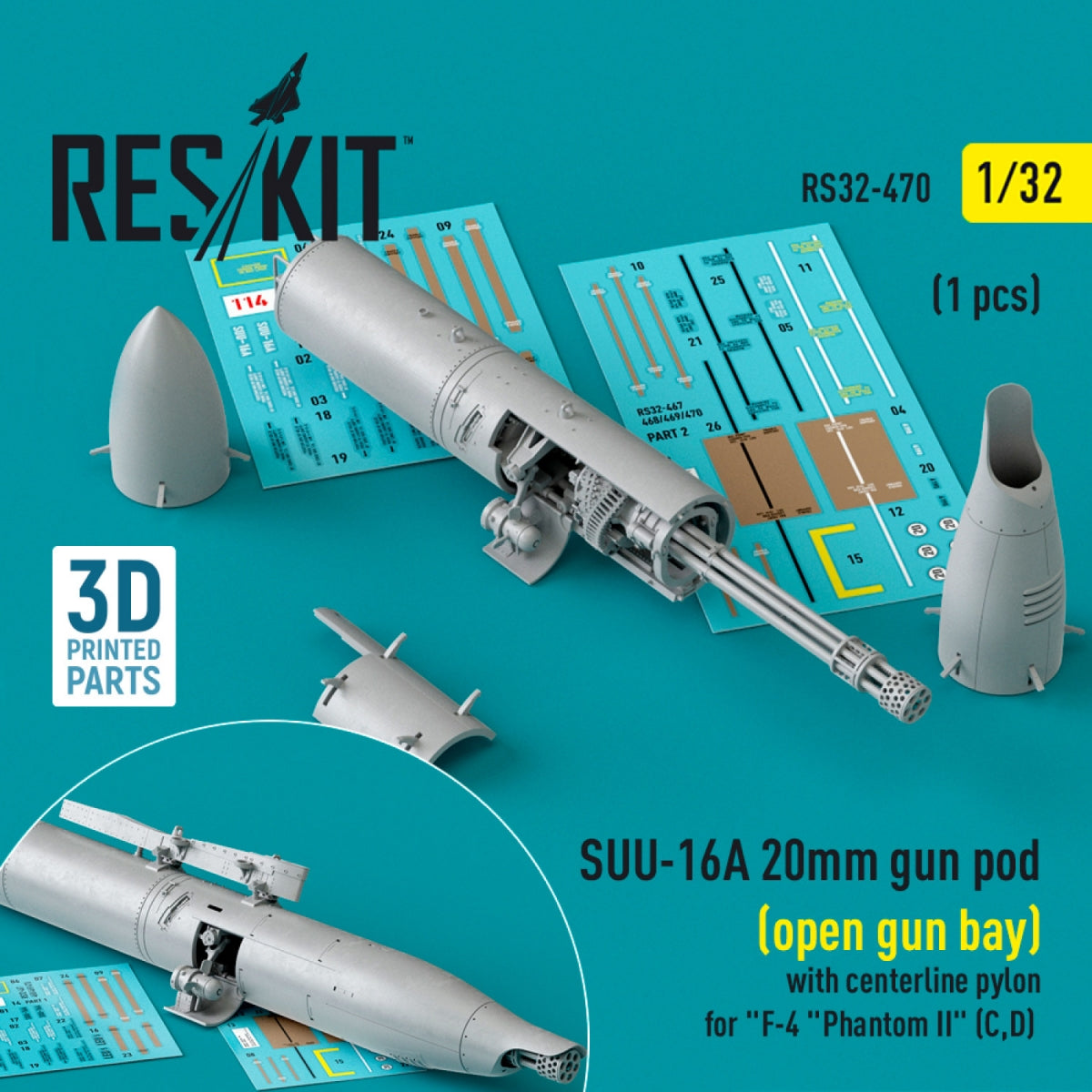 RESKIT RS32-0470 SUU-16A 20mm gun pod (open gun bay) with centerline pylon for F-4 Phantom II (C,D) (1 pcs) (3D Printed) 1/32