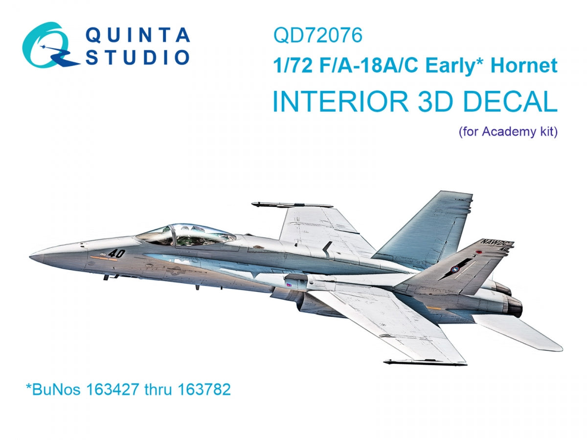 Quinta Studio QD72076 F/A-18A/C early 3D-Printed &amp;amp; colored Interior on decal paper (Academy) 1/72