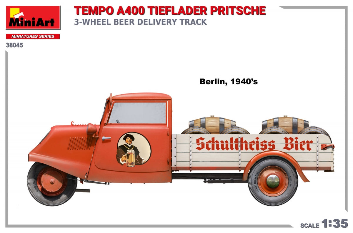 MiniArt 38045 TEMPO A400 TIEFLADER PRITSCHE 3-WHEEL BEER DELIVERY TRUCK 1/35 – zdjęcie 5
