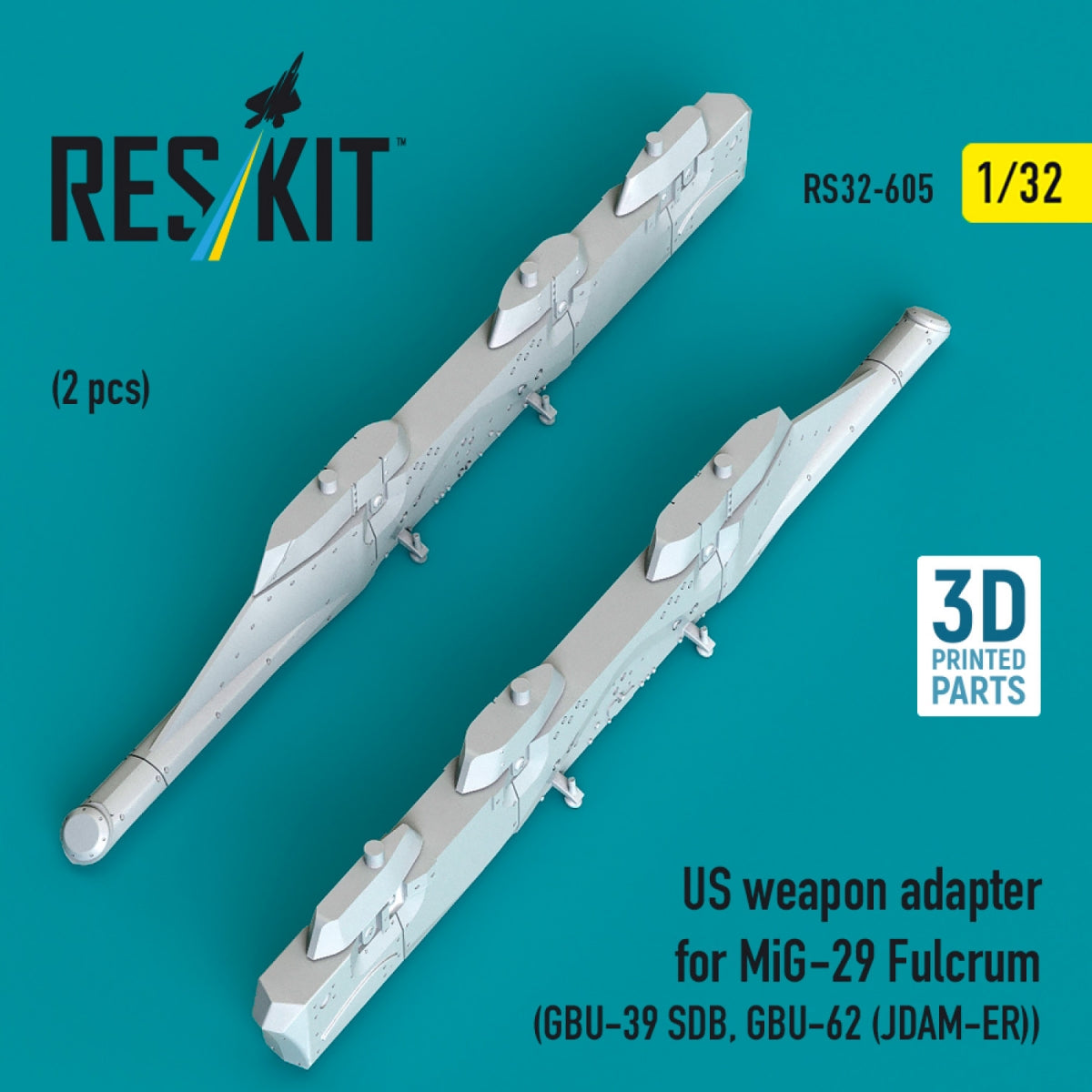 RESKIT RS32-0605 US weapon adapter for MiG-29 Fulcrum (2 pcs) (GBU-39 SDB, GBU-62 (JDAM-ER)) (3D Printed) 1/32