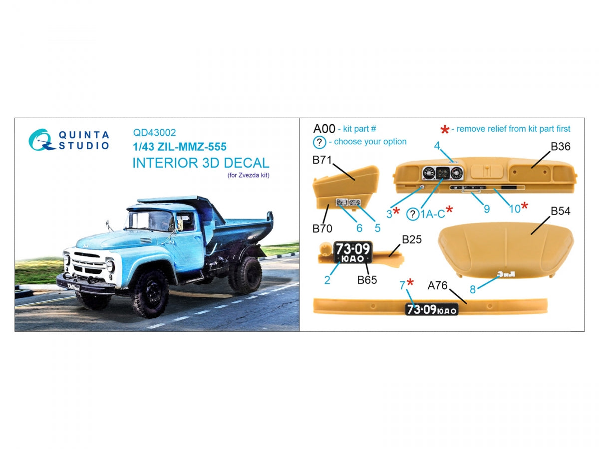 Quinta Studio QD43002 ZIL-MMZ-555 3D-Printed colored Interior on decal paper (Zvezda) 1/43 – image 2