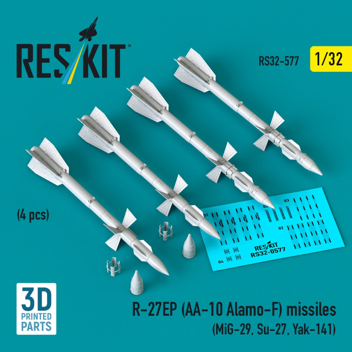 RESKIT RS32-0577 R-27EP (AA-10 Alamo-F) missiles (4 pcs) (MiG-29, Su-27, Yak-141) (3D Printed) 1/32